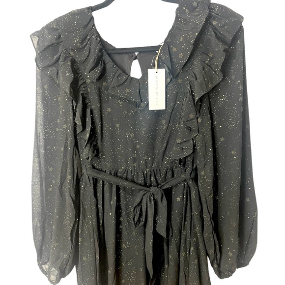 Anthropologie Moon River Midi Dress Black Chiffon Stars Long Sleeve SZ M  NWT - Picture 5 of 9